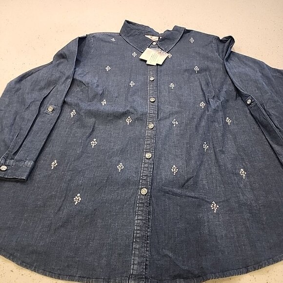 NWT Quacker Factory Womens Denim  Cotton Blend Long Sleeve Embellished Blouse 2X - Picture 1 of 8